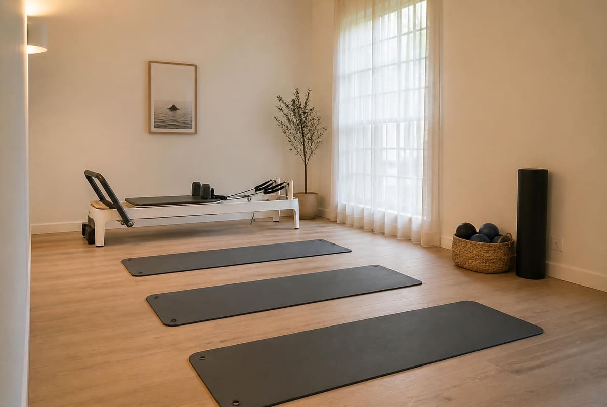 The studio with three mats laid out on a timber floor, equipment along the wall and daylight through a curtained window.