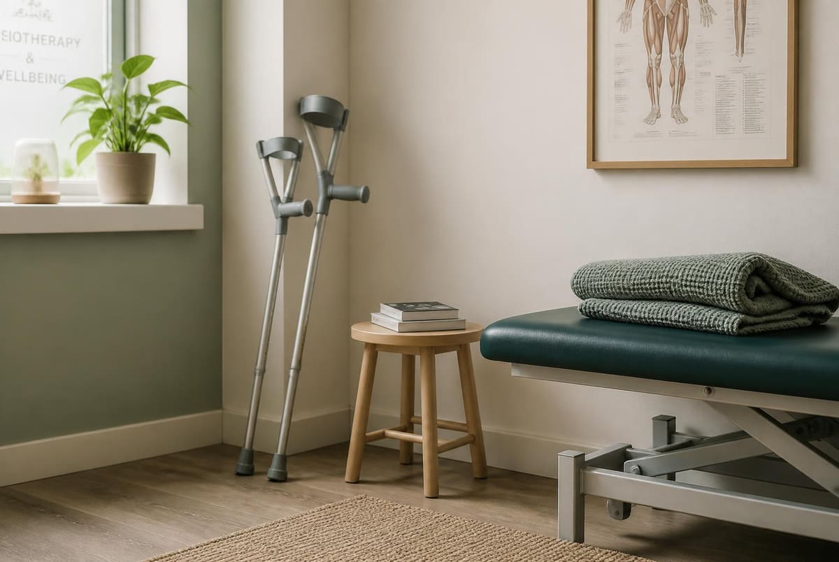 A corner of the practice with elbow crutches leaning against the wall beside a low plinth and a folded blanket.