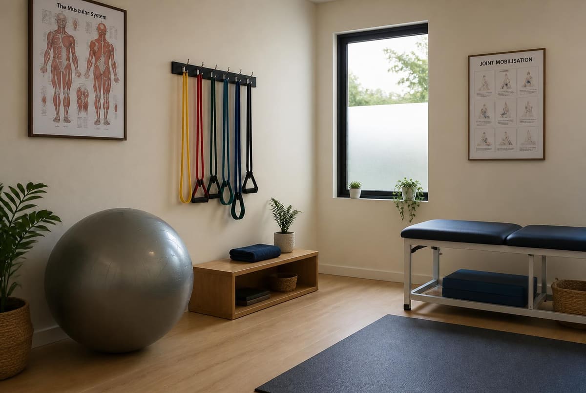 The rehab room: a large Swiss ball, resistance bands hanging on a wall rail, a low timber bench and floor space to work in.