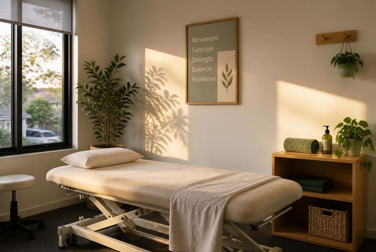 A treatment room with the plinth made up in cream linen and late afternoon light across the wall.